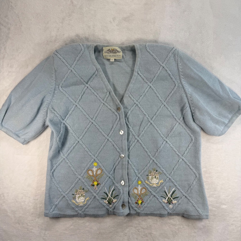 Susan Bristol Cardigan Sweater Short Sleeve Embroidered Knit Top XL - Flawed